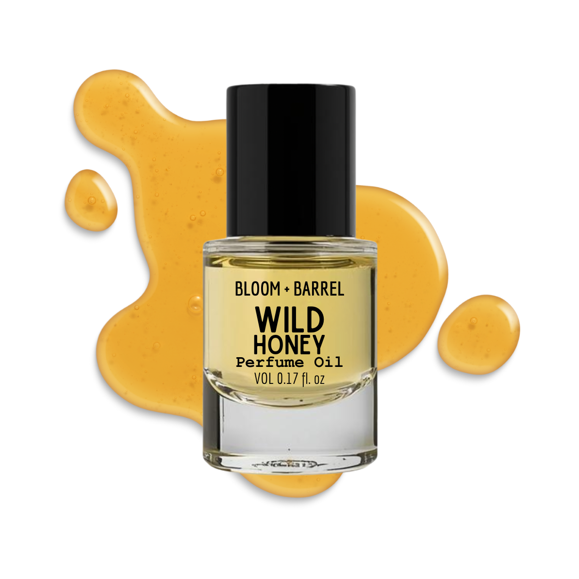 Bottle of Bloom & Barrel Wild Honey Perfume Oil with a black cap on a white background