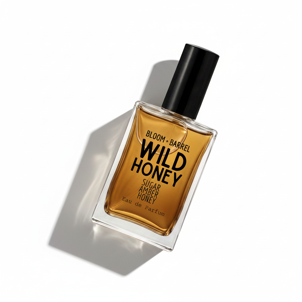 A rectangular glass bottle of Wild Honey Eau de Parfum by Bloom Barrel, filled with amber-colored liquid and featuring a black cap, set against a plain white background.