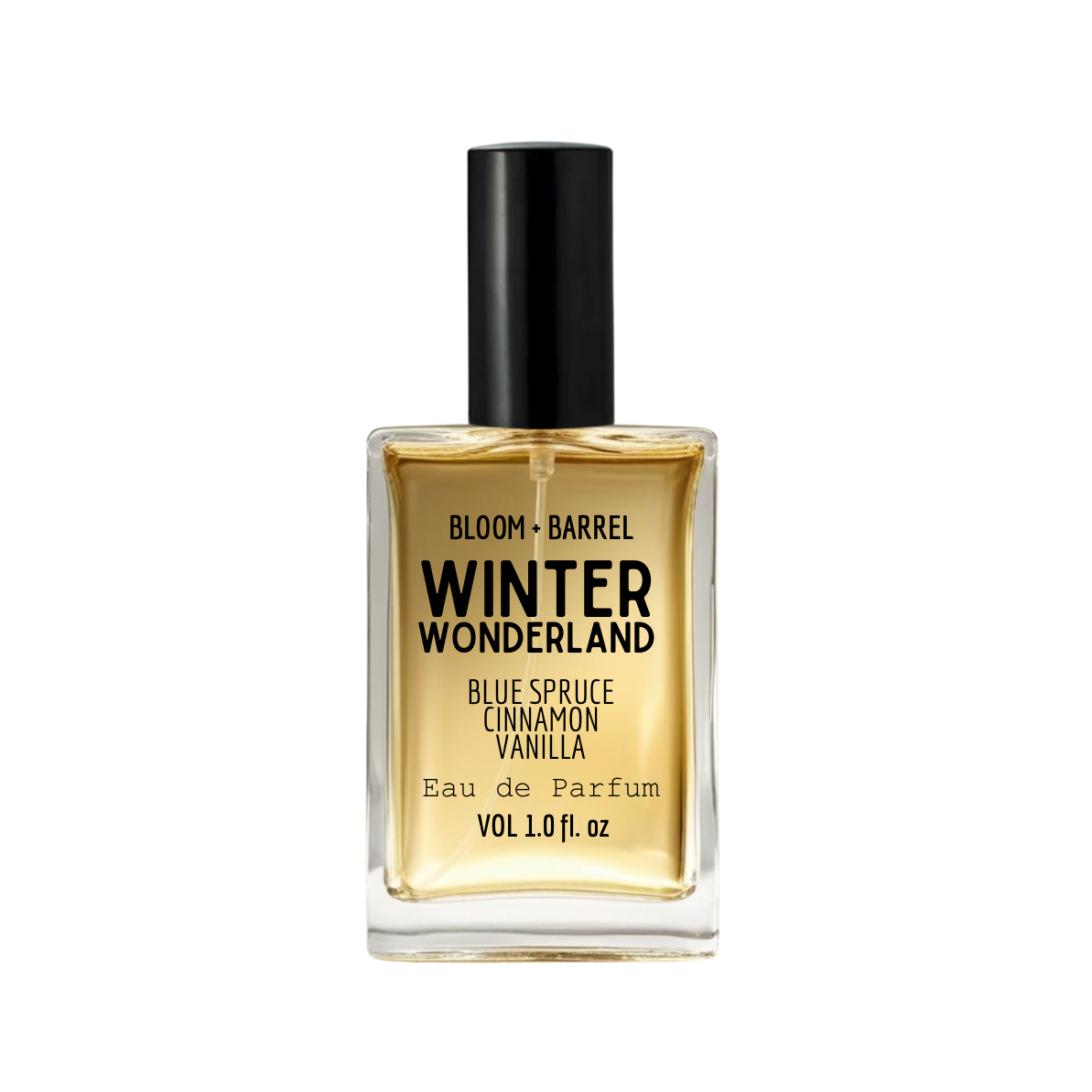 Perfume bottle labeled 'Winter Wonderland' by Bloom & Barrel on a white background