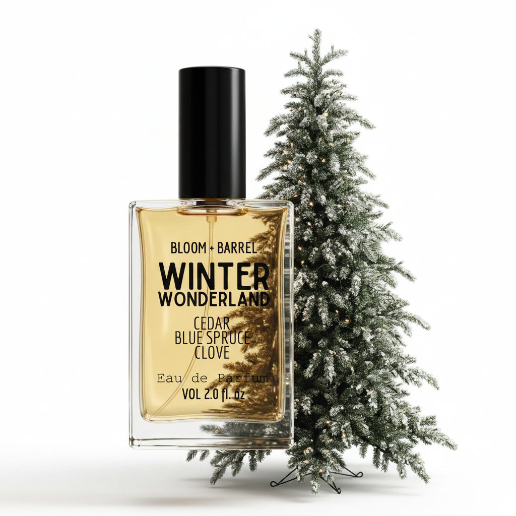 Bloom + Barrel Winter Wonderland Eau de Parfum bottle with a black cap and golden-amber liquid, shown in front of a small frosted Christmas tree on a white background.