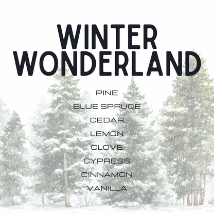 A square graphic with the words 'WINTER WONDERLAND' in large black letters over a snowy pine forest. Smaller text lists scent notes: pine, blue spruce, cedar, lemon, clove, cypress, cinnamon, and vanilla.