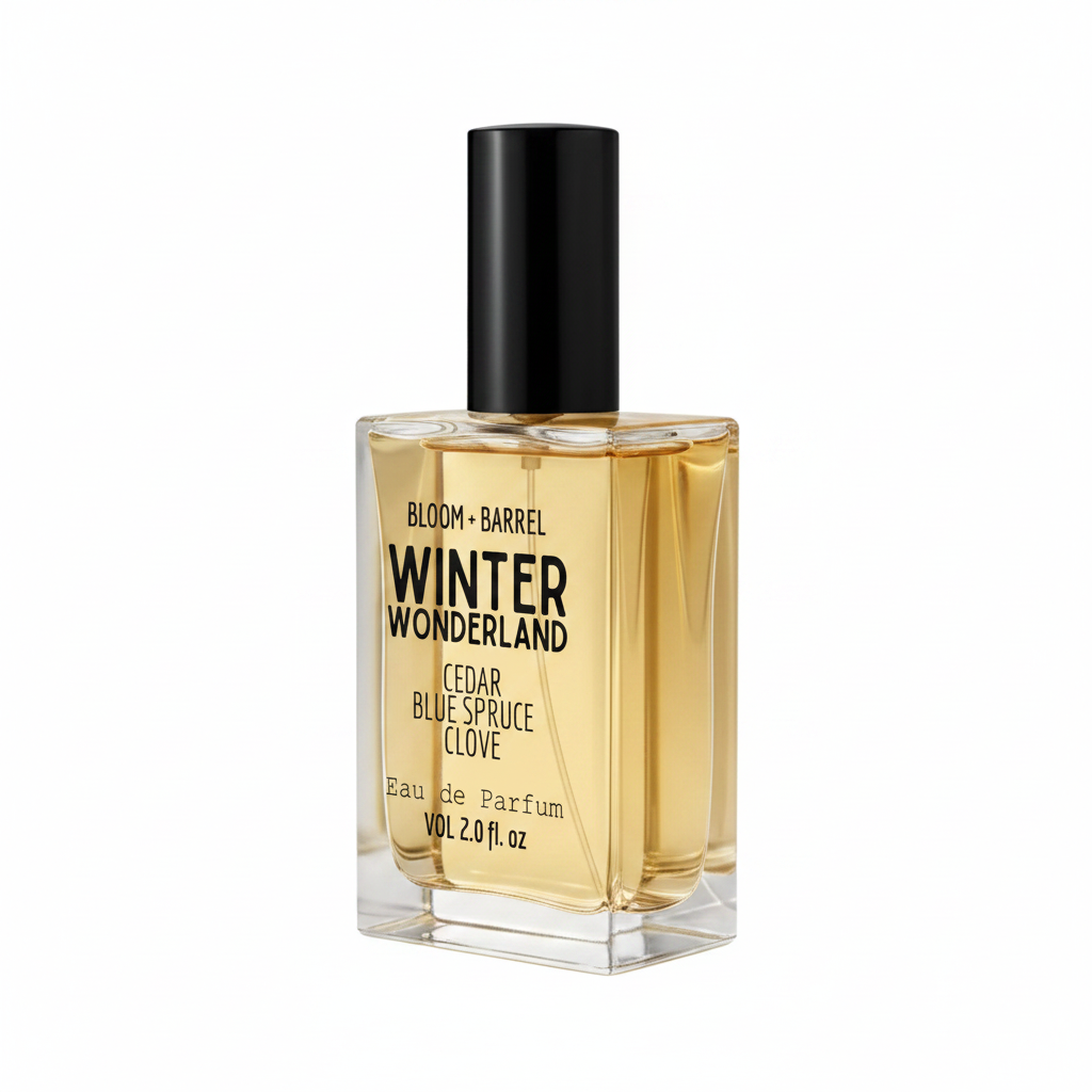 Perfume bottle labeled 'winter wonderland' by Bloom & Barrel on a white background