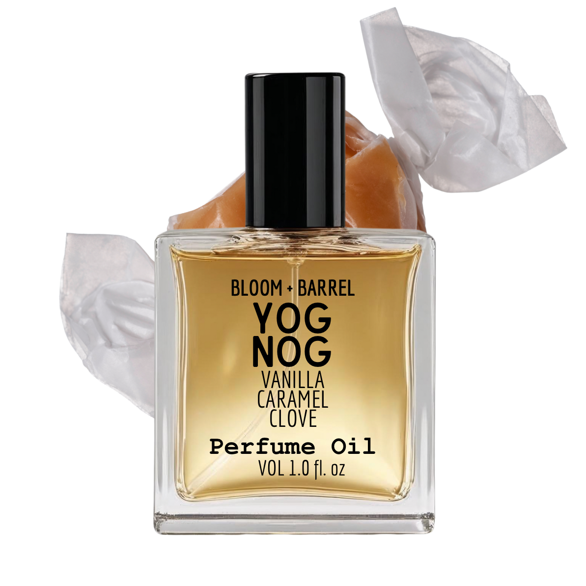 Perfume oil bottle labeled 'Yog Nog' by Bloom & Barrel on a white background