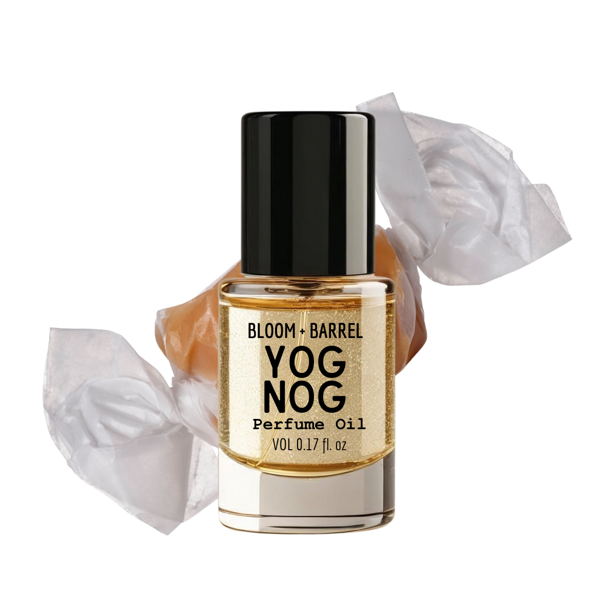 Bottle of Yog Nog perfume oil with a black cap and gold label on a white background