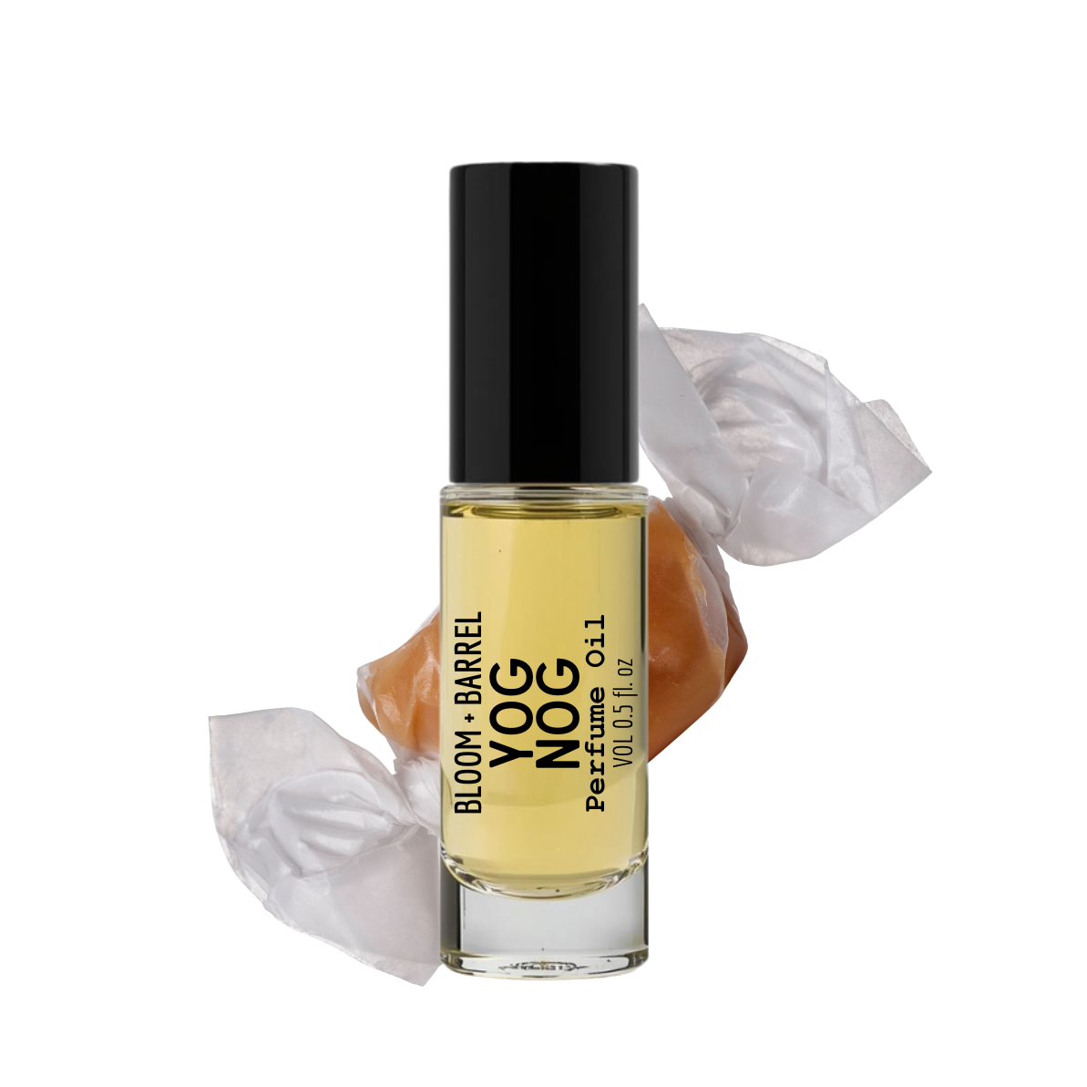 Perfume bottle labeled 'Bloom & Barrel Yog Barrel Nog' with a white flower on a white background