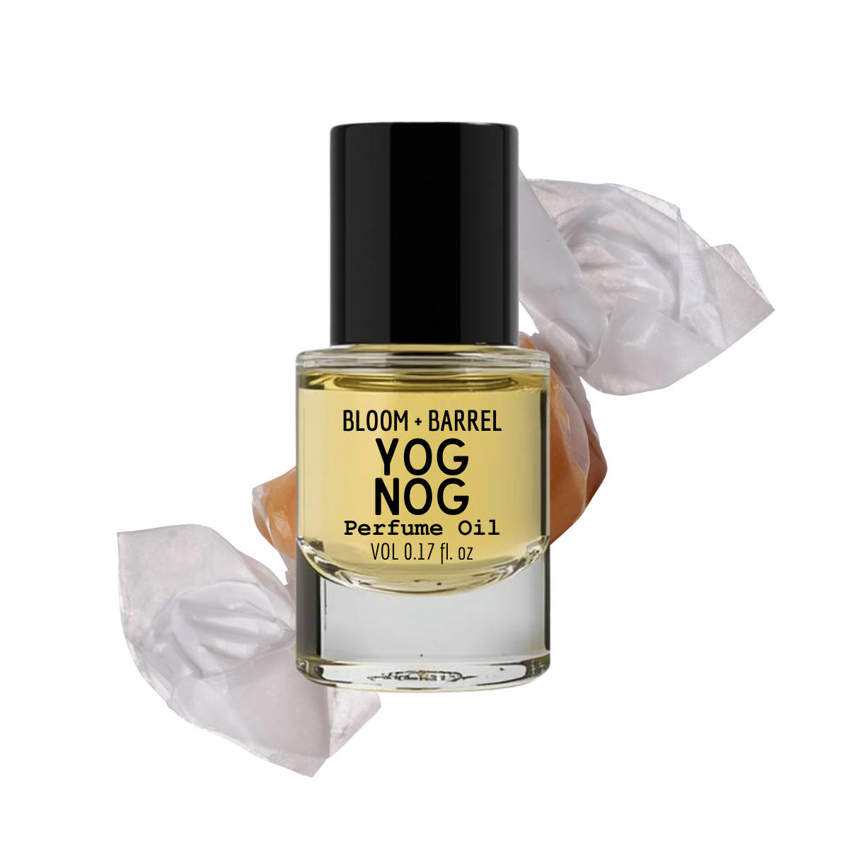 Perfume oil bottle labeled 'Yog Nog' by Bloom & Barrel on a white background