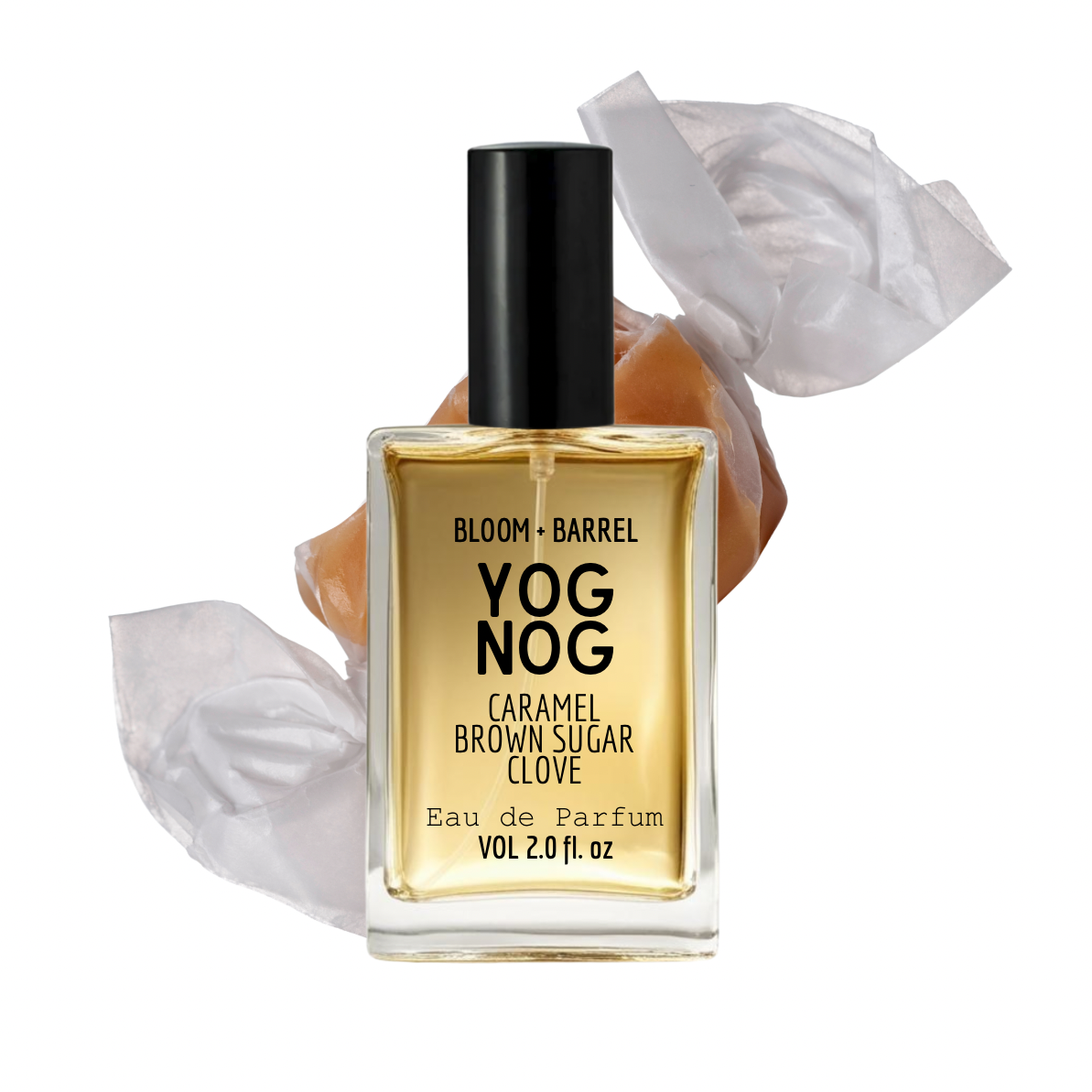 Bottle of Bloom & Barrel Yog Nog Eau de Parfum with a black cap on a white background