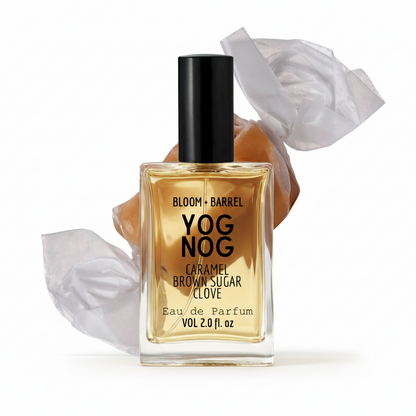 Bottle of Bloom & Barrel Yog Nog Eau de Parfum with a black cap on a white background