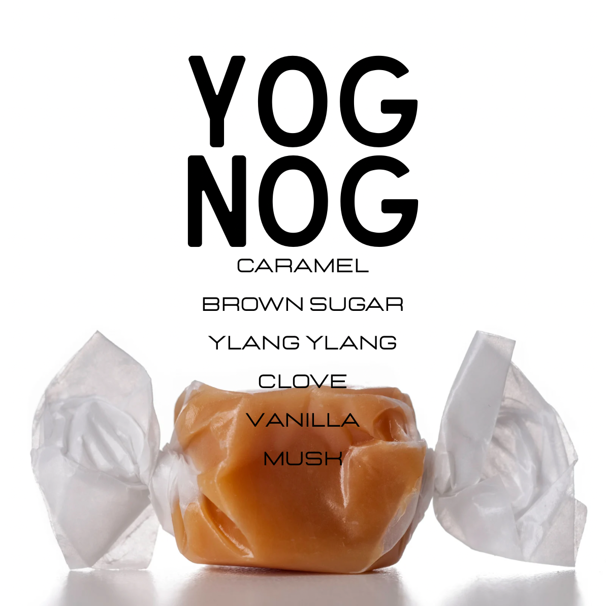 Yog Nog caramel candy with flavor names on a white background