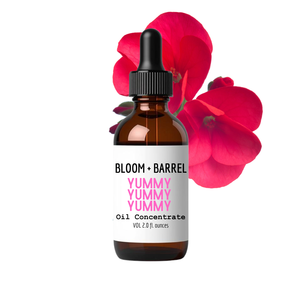 Bottle of Bloom + Barrel Yummy Yummy Oil Concentrate with red flowers in the background