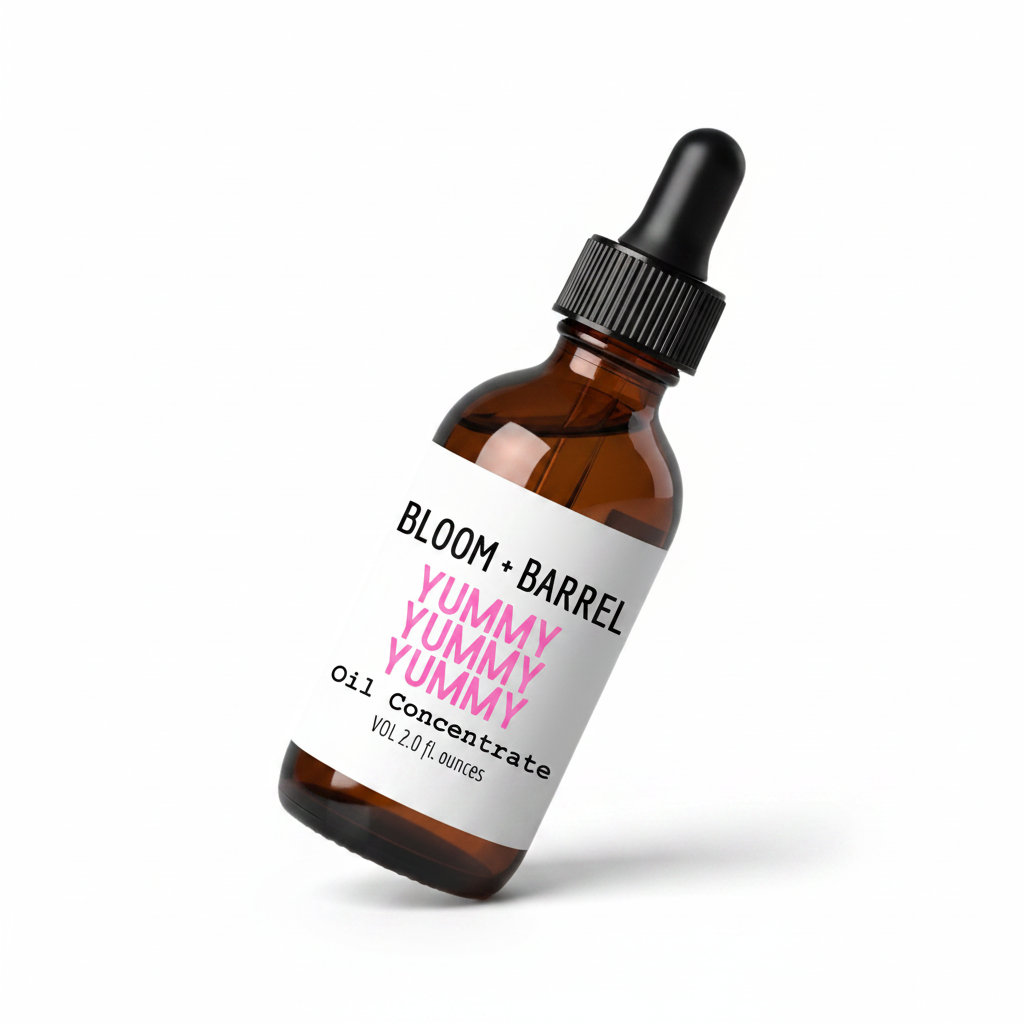 Bottle of Bloom + Barrel Yummy Yummy oil concentrate on a white background