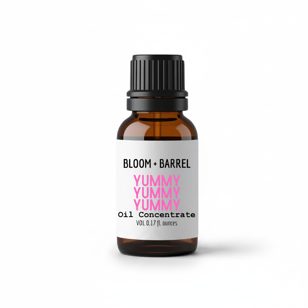 Bottle of Bloom & Barrel Yummy Yummy Oil Concentrate on a white background