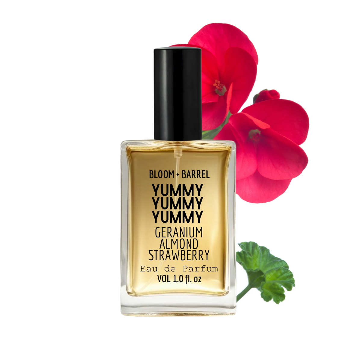 Perfume bottle labeled 'Yummy Yummy Yummy' with a red flower on a white background