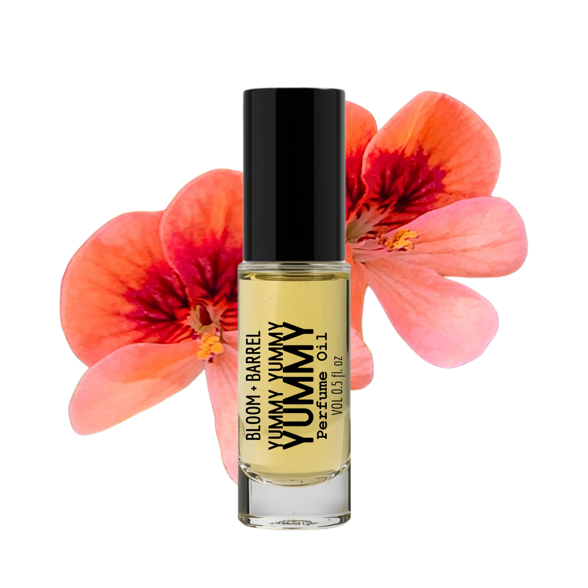 Perfume bottle labeled 'Yummy Yummy' with a pink flower in the background