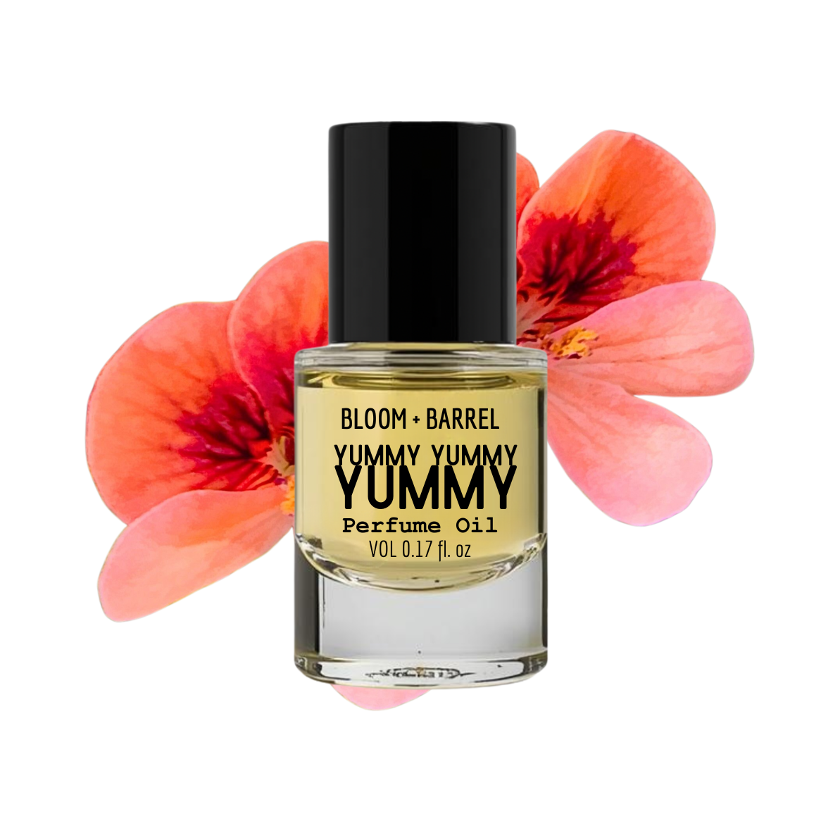Perfume oil bottle labeled 'Yummy Yummy' with pink flowers in the background
