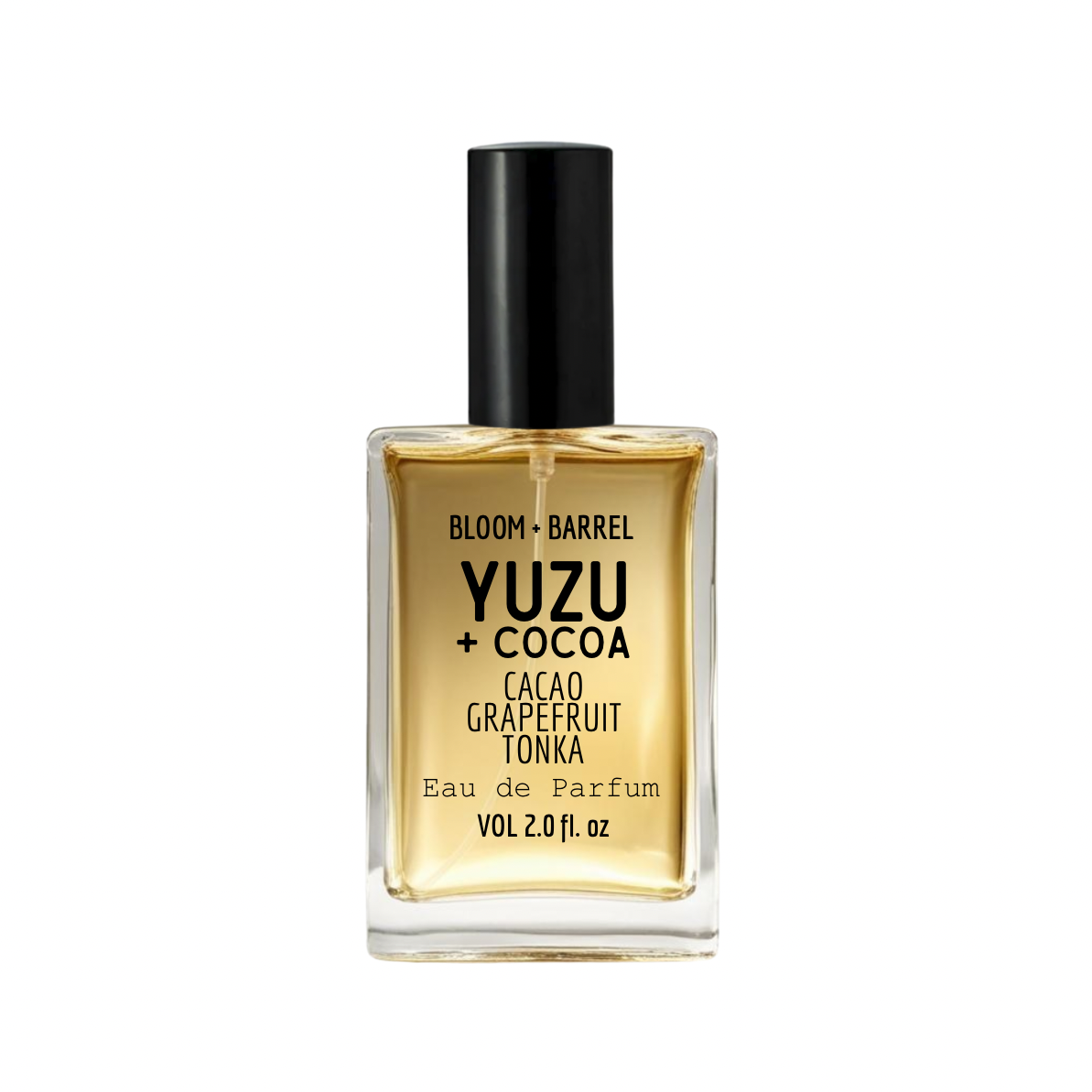 Perfume bottle labeled 'Yuzu + Cocoa' by Bloom & Barrel on a white background