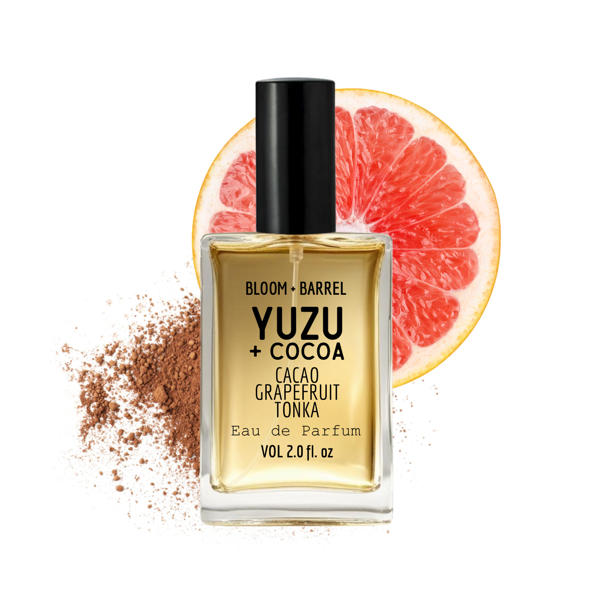 Bottle of Bloom & Barrel Yuzu + Cocoa perfume with a grapefruit slice in the background