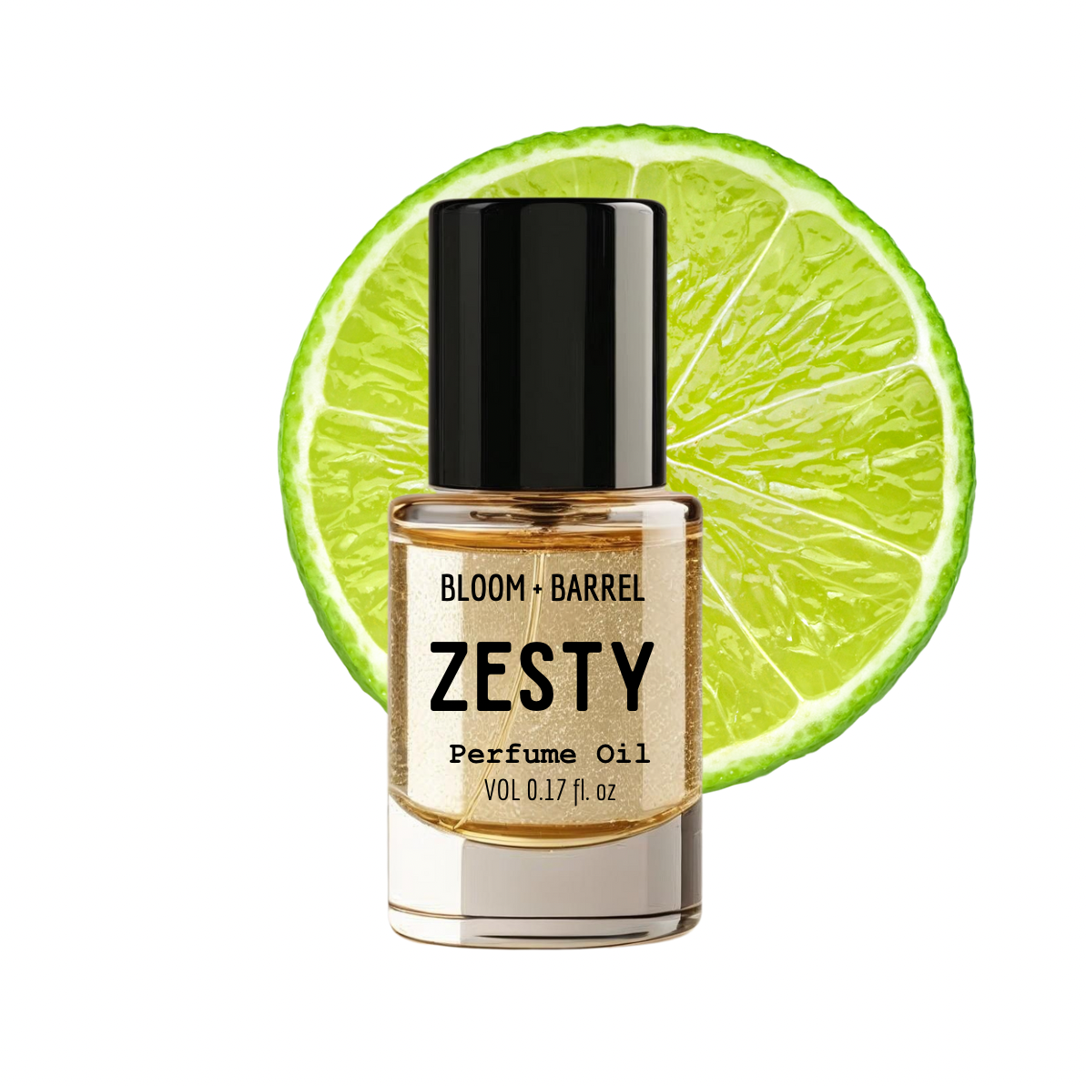 Bottle of Bloom & Barrel Zesty perfume oil with a lime wedge on a white background