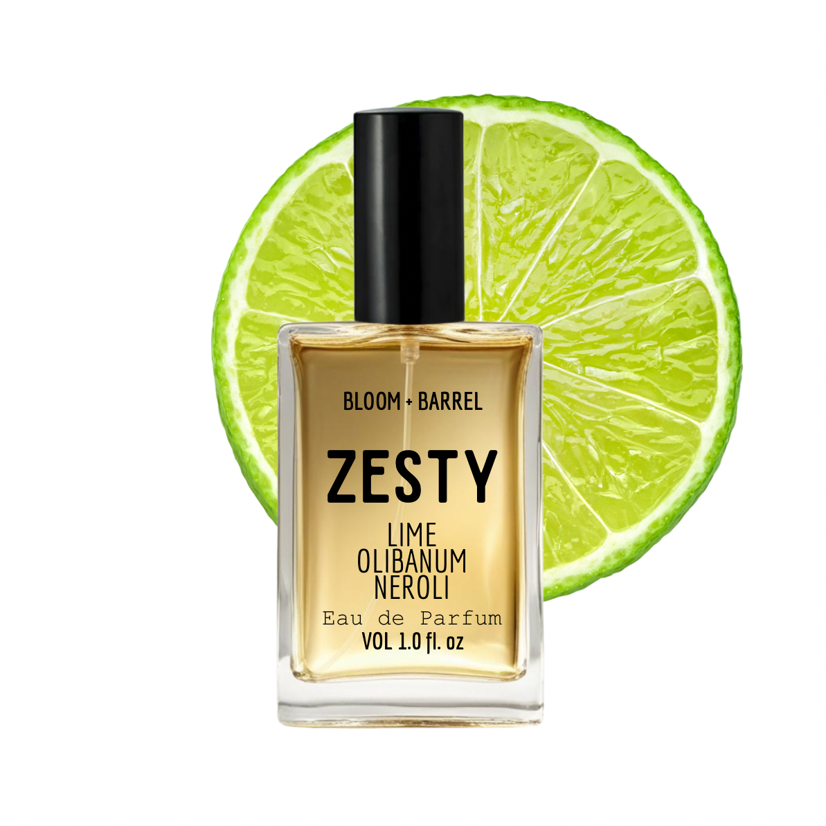 Perfume bottle labeled 'Zesty' with a lime slice in the background